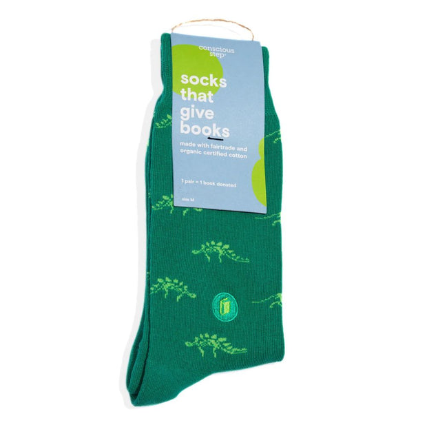 Conscious Step Socks That Give Books - Green Dino Bones tagged