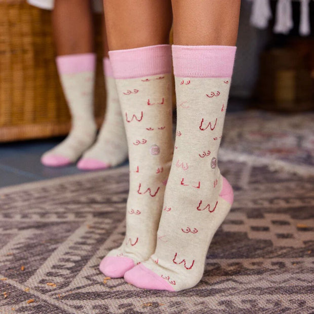 Conscious Step Socks that Support Self-Checks Pink Tatas on model