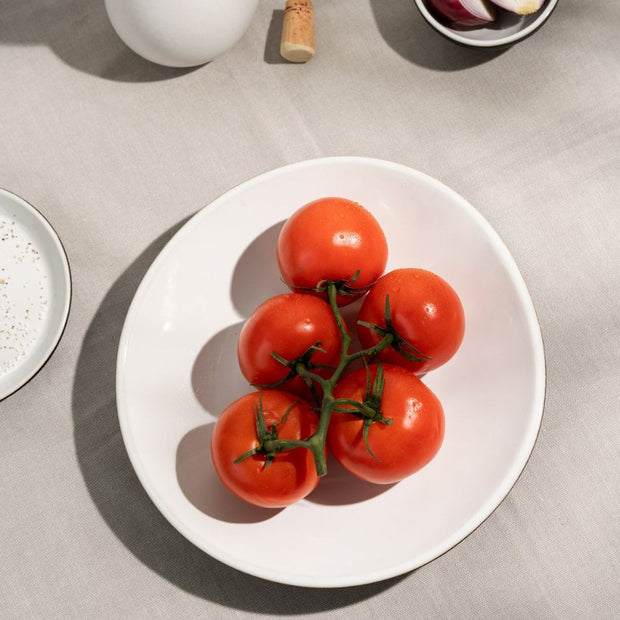 Stoneware Dinner Plate Dadasi 10.2" Matte White styled with tomatoes
