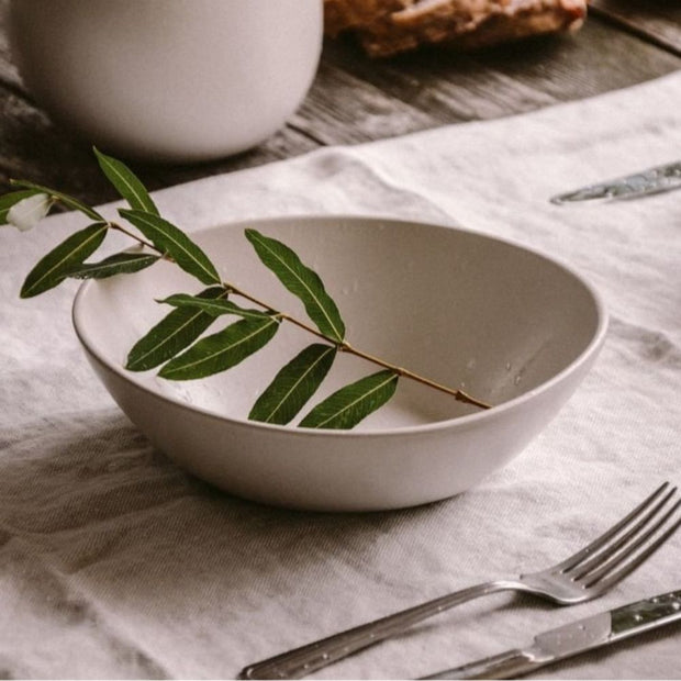 Stoneware Soup or Salad Plate Dadasi 7.9" Matte White styled with olive branch