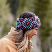 Diamond Hand-knit Ear Warmer - Lilac on female model