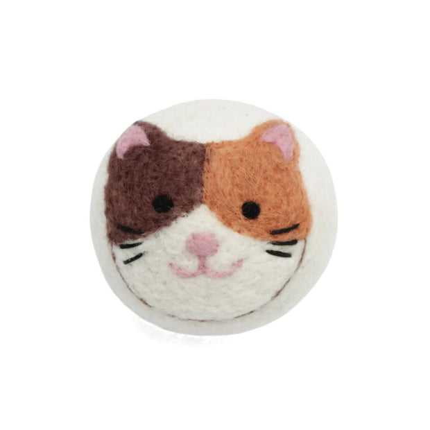 Eco Wool Dryer Ball with a design of a Calico Cat Face