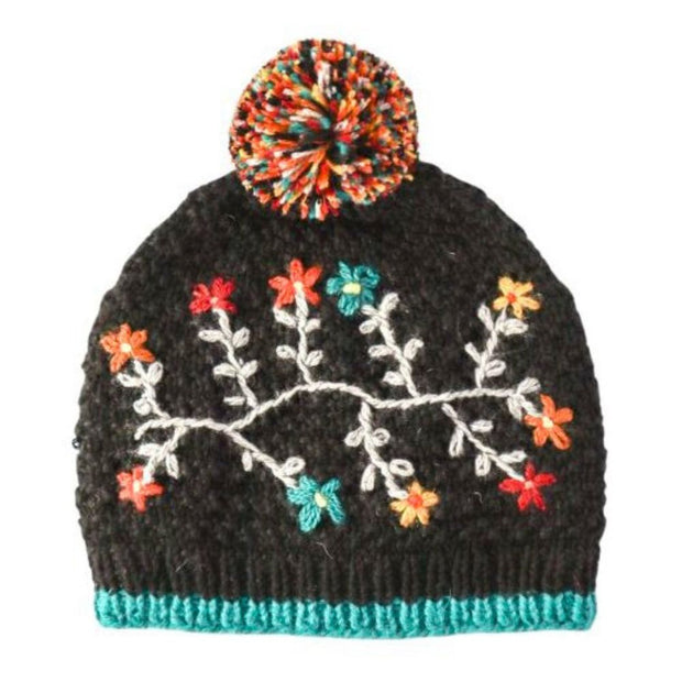 Embroidered Flora Winter Hat - Black