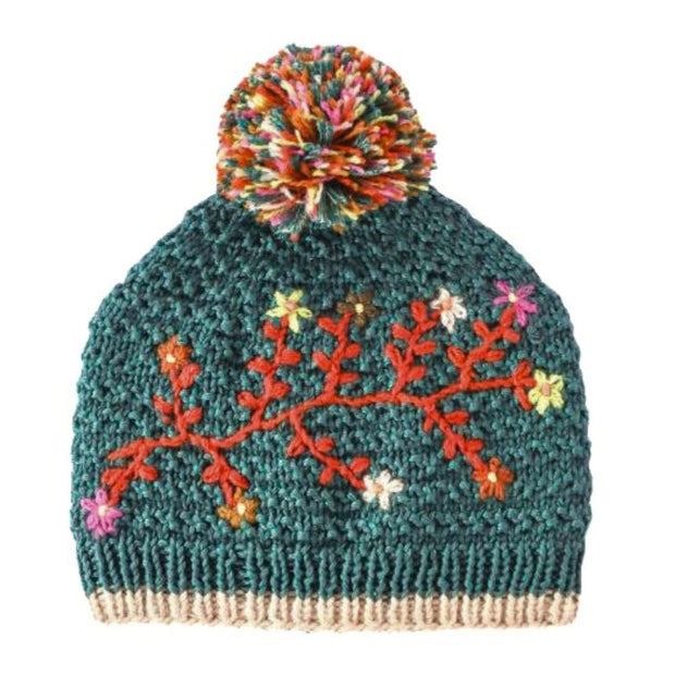 Embroidered Flora Winter Hat - Teal