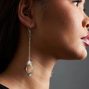 Close-up of a woman wearing Sun-shaped Ethereal Silver Tone Brass Drop Earrings