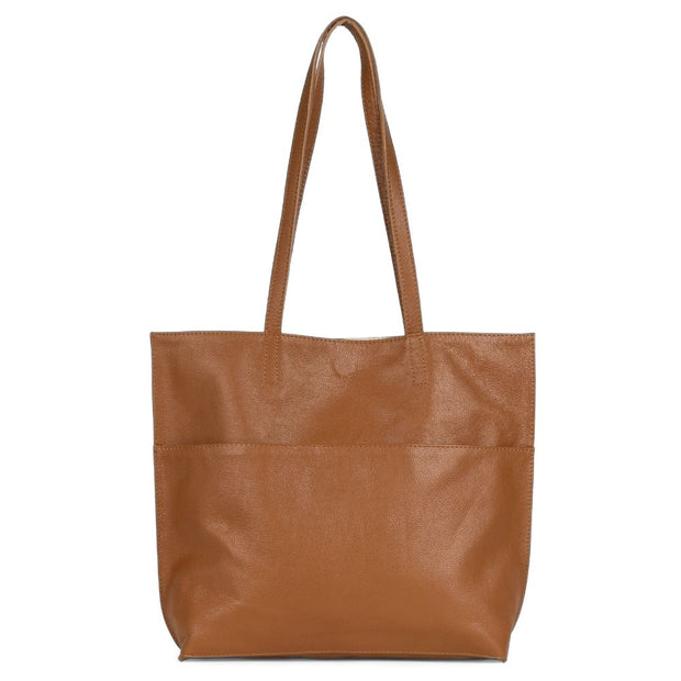 JOYN Everyday Pebbled Leather Tote in Camel color back view
