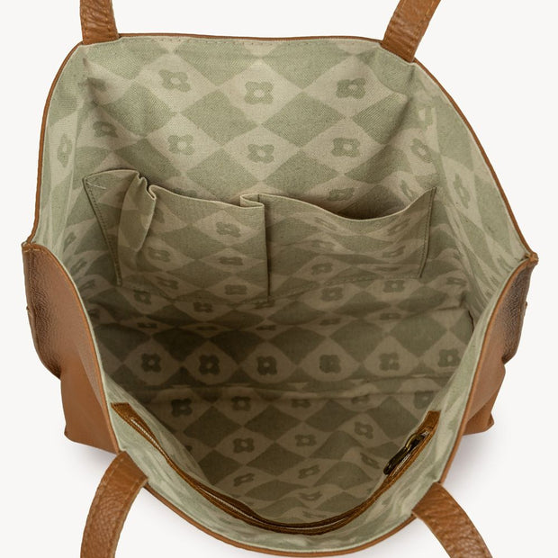 JOYN Everyday Pebbled Leather Tote in Camel color interior view