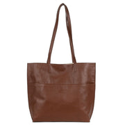 JOYN Everyday Pebbled Leather Tote in Vintage Brown back view showing outside open pocket