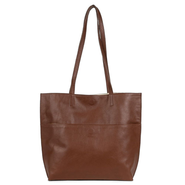 JOYN Everyday Pebbled Leather Tote in Vintage Brown back view showing outside open pocket