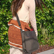 Large Cotton Canvas Crossbody Bag in Brown Print on model