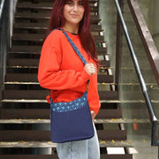 Large Cotton Canvas Crossbody Bag with Geometric Navy print on a model