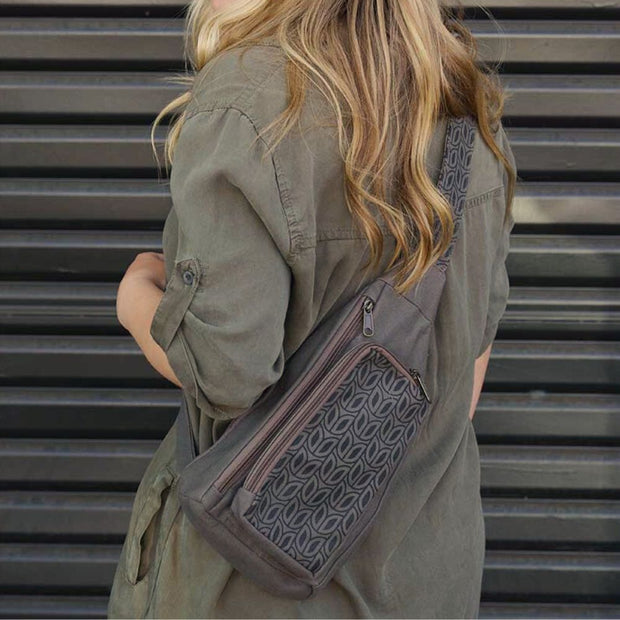 Cotton Canvas Mini Backpack or Belt Bag - Brown print on model carried as a backpack