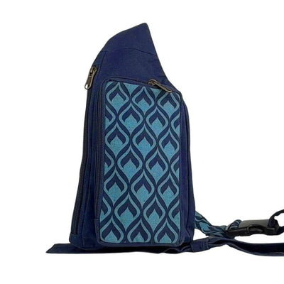 Sling Mini Backpack or Belt Bag with Geometric Navy screen print design front view