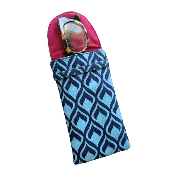 Screen Printed Eyeglass Case - Geometric Navy shown open with glasses inside