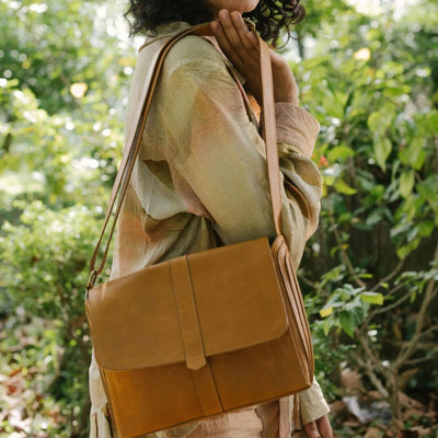 Crossbody Satchel in Camel Leather on model