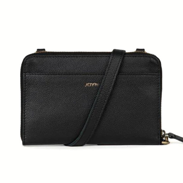 Crossbody Wallet in Black Leather front view with logo