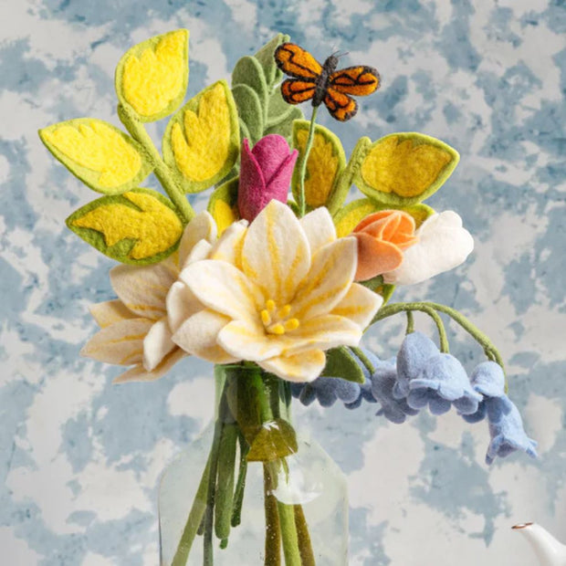 Felt Japanese Euonymus Leaf Stems in a bouquet with wildflowers and lily of the valley