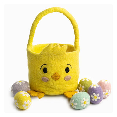 Handcrafted Felt Chick Easter Basket with felt floral easter eggs