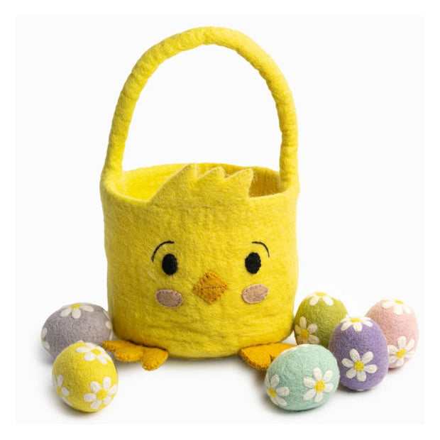 Handcrafted Felt Chick Easter Basket with felt floral easter eggs