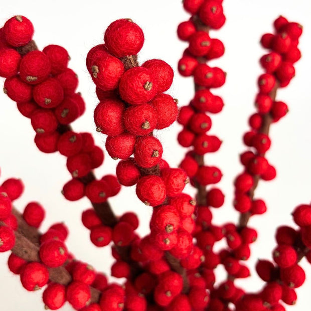 Felt Red Winterberry Ilex Stems close-up detail