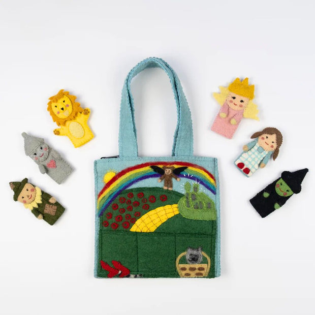 Wizard of Oz Felt Finger Puppet Bag showing all 6 finger puppet characters