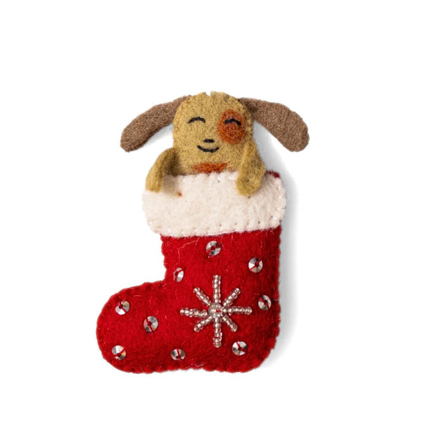 Happy Dog Popping up from Felt Red Stocking Ornament