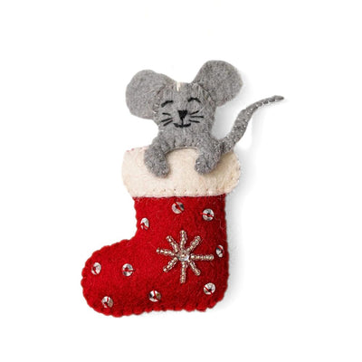Smiling Mouse in a Felt Red Stocking Ornament for your Christmas Tree