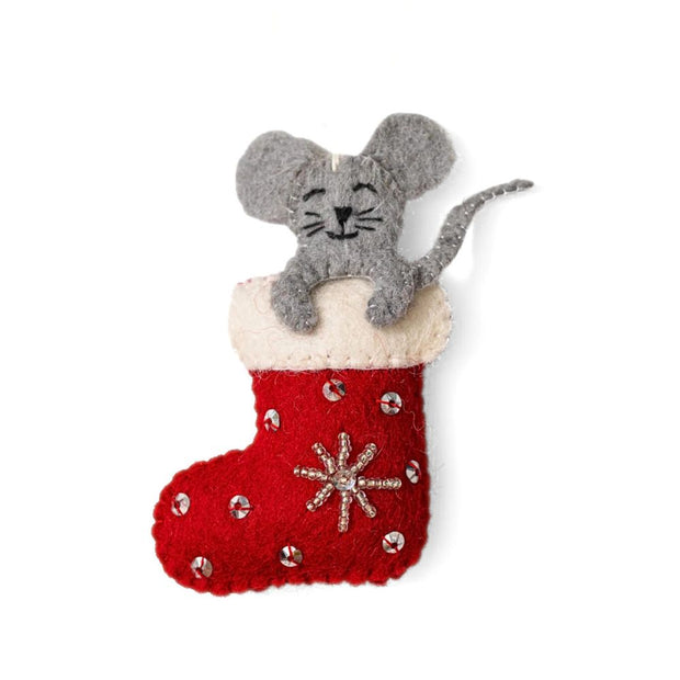 Smiling Mouse in a Felt Red Stocking Ornament for your Christmas Tree