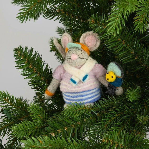 Felt Pickleball Mouse Ornament on a Christmas tree branch