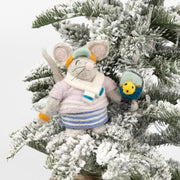 Felt Pickleball Mouse Ornament on a snowy Christmas tree