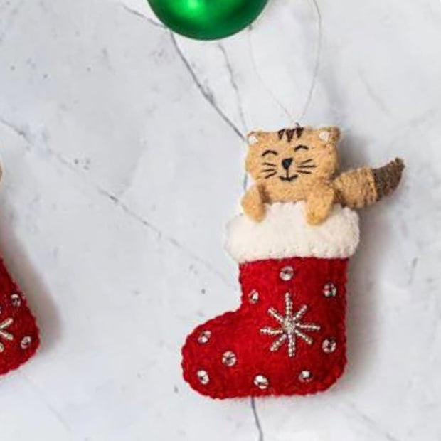 Cat in a Red Stocking Felt Ornament styled