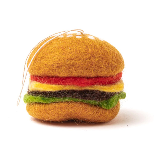 Felt Juicy Burger Ornament seen from the side