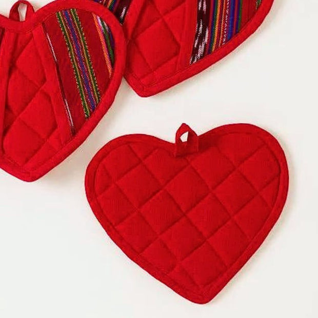 Handwoven Festive Red Heart Pot Holder reverse side