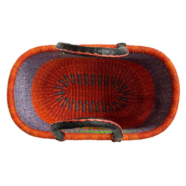 Colorful Bolga Oval Market Basket with Leather Handles interior view
