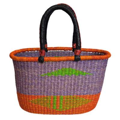 Colorful Bolga Oval Market Basket with Leather Handles