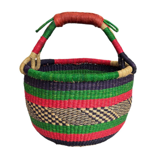 Medium Bolga Round Market Basket with Leather Handle