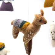 Felt Llamas and Mountains Nursery Mobile closeup of one llama