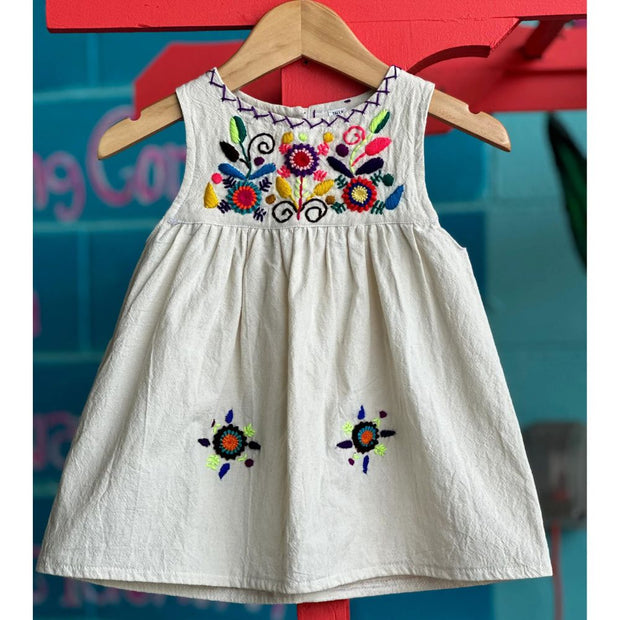 Girl's Embroidered Sleeveless Cotton Dress - Cream on hanger