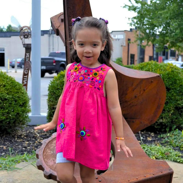 Girl's Embroidered Sleeveless Cotton Dress - Pink on toddler model