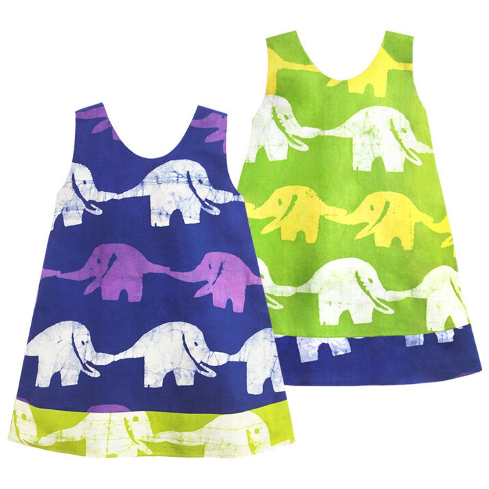 Girls Reversible Dress Blueberry Lime Elephants Global Mamas Girls (4) Girls Reversible Dress Blueberry Lime Elephants Global Mamas Girls (4)