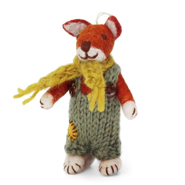 Handmade Felt Boy Fox Ornament with hand-knitted Green Overalls and Ochre Scarf