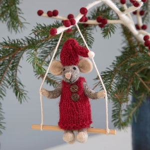 Gry and Sif Handmade Grey Girly Mouse with Knitted Red Dress On A  Swing styled on a Christmas tree