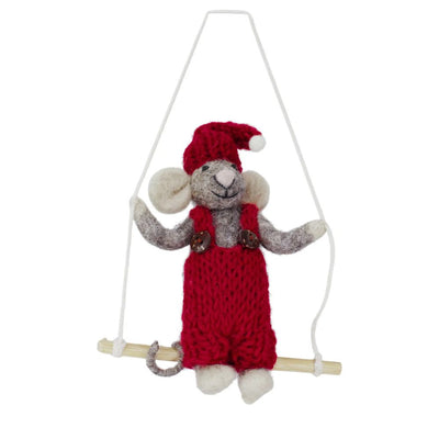 Gry and Sif Handmade Grey Girly Mouse with Red Dress On A  Swing
