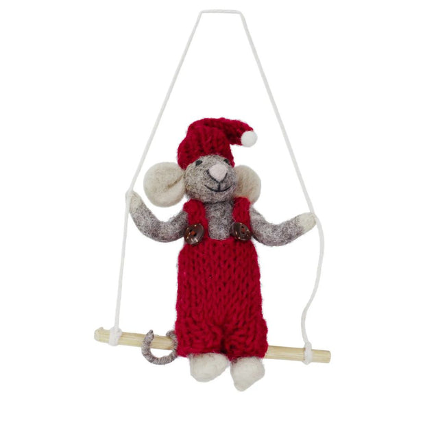 Gry and Sif Handmade Grey Girly Mouse with Red Dress On A  Swing