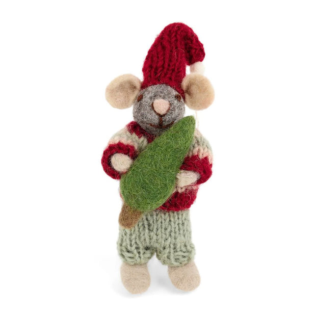 Gry and Sif Handmade Felt Grey Mouse Ornament holding a tine Christmas Tree