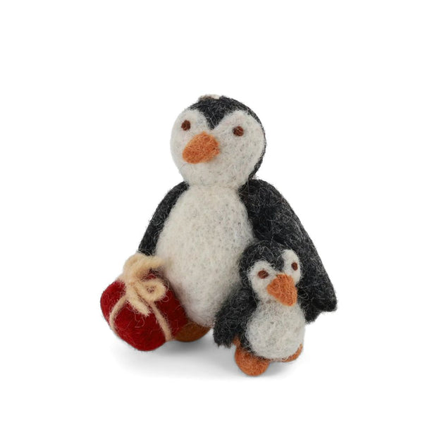 Gry and Sif Handmade felt penguin and baby chick holding a present ornament