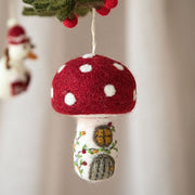 Gry and Sif Handmade Felt Mushroom House Ornament styled with other ornaments