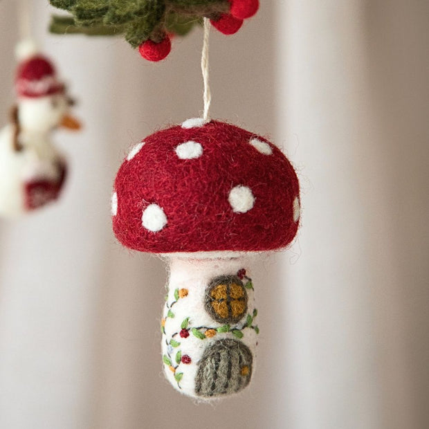 Gry and Sif Handmade Felt Mushroom House Ornament styled with other ornaments