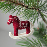 Gry and Sif Handmade Felt Rocking Red Horse Ornament on Christmas tree