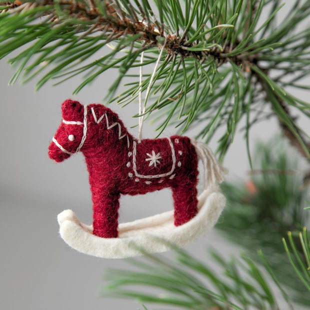 Gry and Sif Handmade Felt Rocking Red Horse Ornament on Christmas tree